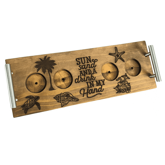 Beach Inspired Rustic Pine Flight Tasting Board  Sun, Sand, and a Drink in My Hand  16"x5.5" Wooden Bourbon Flight Tray with Stainless-Steel Rails & QR Code Recipe Book