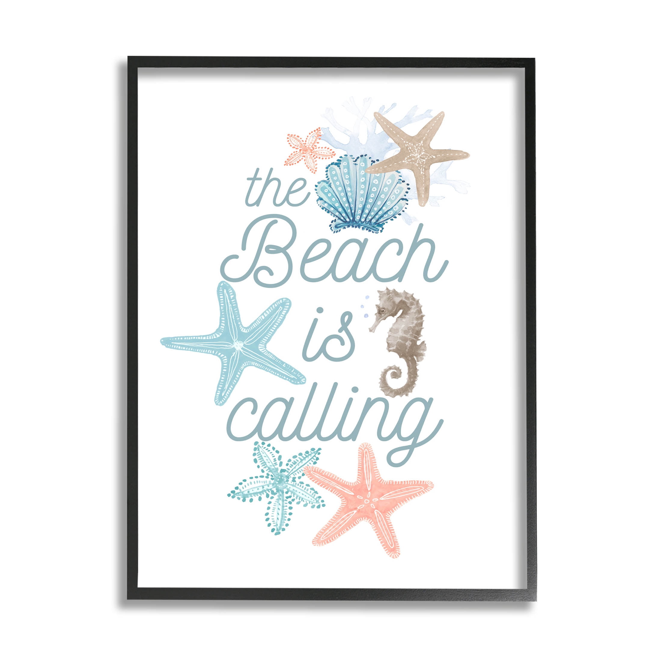 Beach Is Calling Various Sea Life Animals & Insects Graphic Art Black Framed Art Print Wall Art