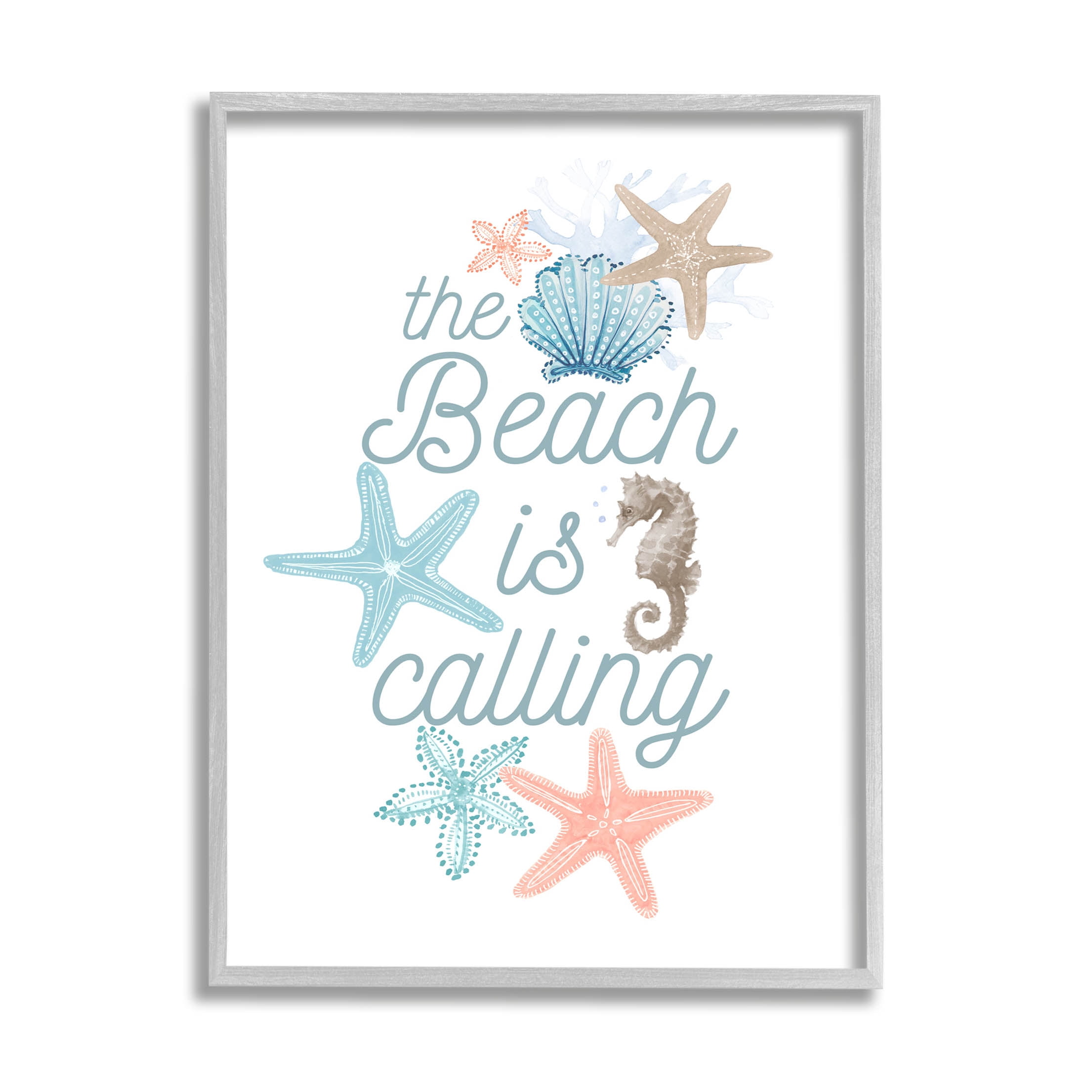 Beach Is Calling Various Sea Life Animals & Insects Graphic Art Gray Framed Art Print Wall Art