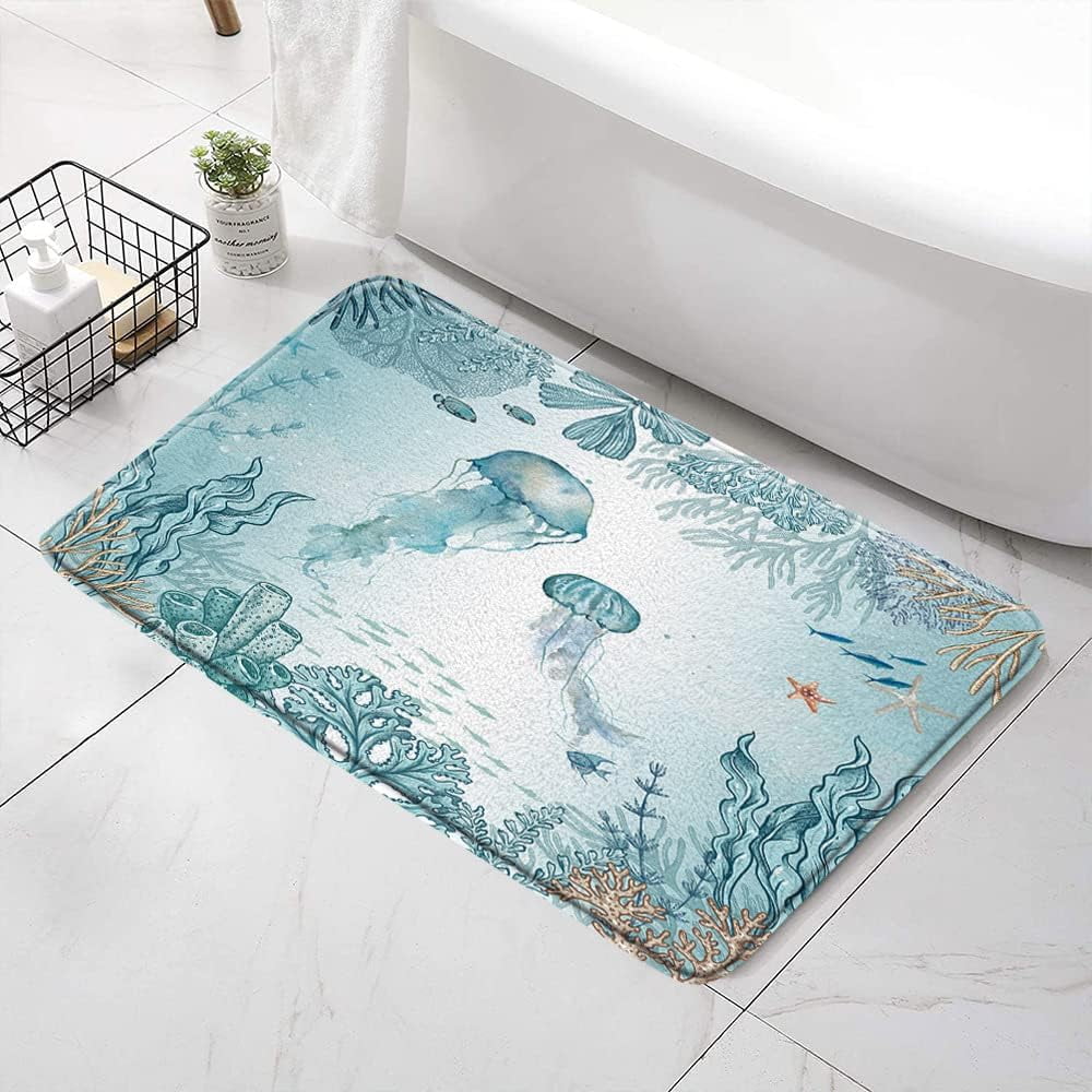 Beach Jellyfish Bath Mat,Watercolor Nautical Teal Jellyfishes Coastal