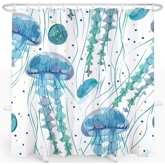 Beach Jellyfish Shower Curtain Decorated with Fabric on Ocean Beach, A Beach Theme Shower Curtain Decorated with Fabric in The Ocean, 72x72 Inch and 12 Hooks Waterproof