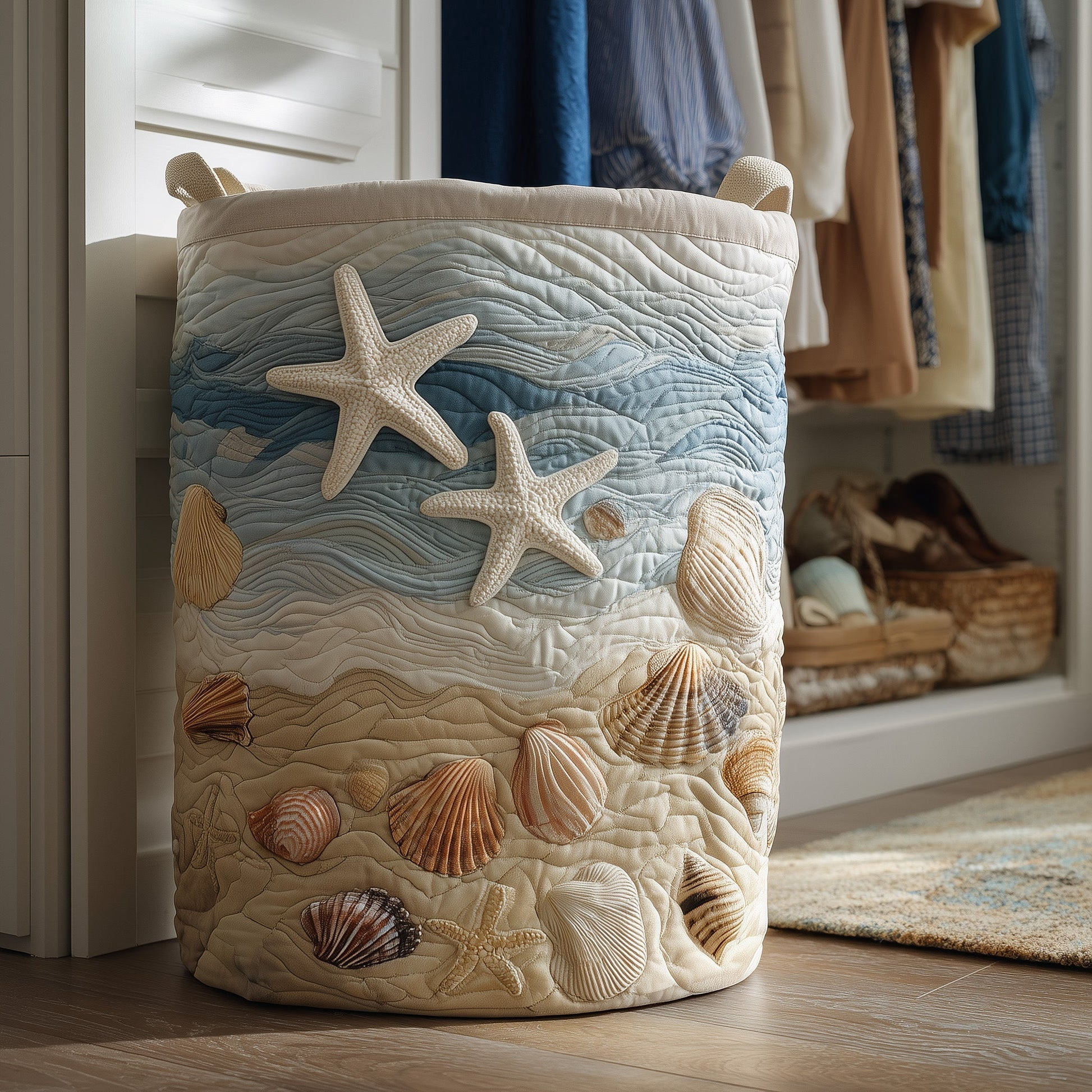 Beach Joy Quilted Laundry Basket, Storage Bin Laundry Basket Fabric, House Storage Hamper, Mother Day's Gift Ideas
