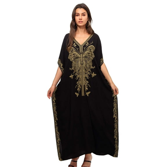 Beach Kaftan Dresses for Women Plus Size Caftan Loungewear Mexican Embroidered Dress Long Beach Tunic Summer Elegant Vacation Outfit Batwing Sleeve Robe