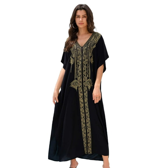 Beach Kaftan Dresses for Women Plus Size Caftan Loungewear Mexican Embroidered Dress Long Beach Tunic Summer Elegant Vacation Outfit Short  Sleeve Robe
