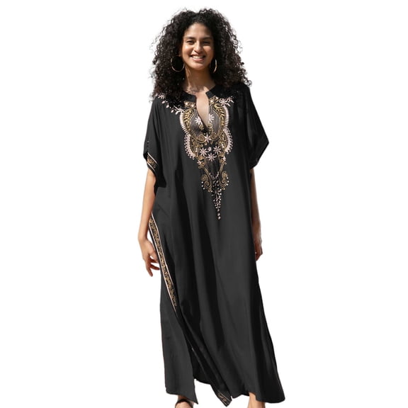 Beach Kaftan Dresses for Women Plus Size Caftan Loungewear Mexican Embroidered Dress Long Beach Tunic Summer Elegant Vacation Outfit Long Sleeve Robe