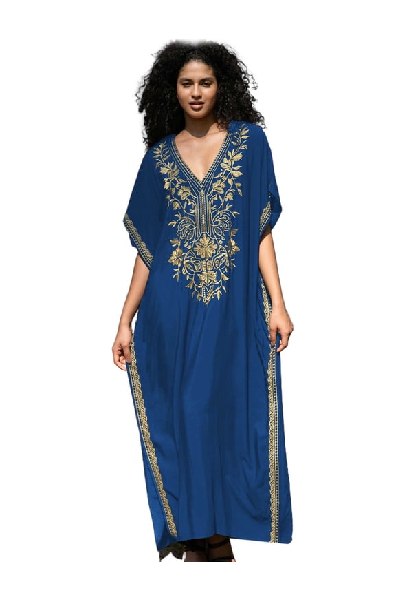 Beach Kaftan Dresses for Women Plus Size Caftan Loungewear Mexican Embroidered Dress Long Beach Tunic Summer Elegant Vacation Outfit Long Sleeve Robe