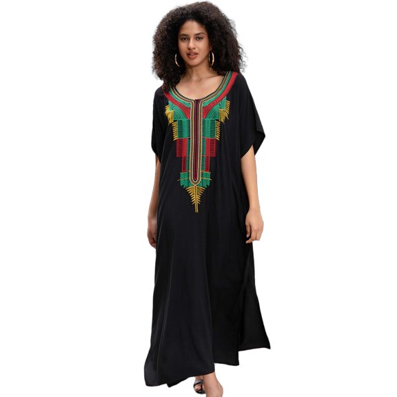 Beach Kaftan Dresses for Women Plus Size Caftan Loungewear Mexican Embroidered Dress Long Beach Tunic Summer Elegant Vacation Outfit Long Sleeve Robe