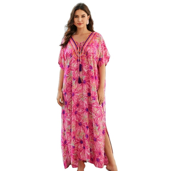 Beach Kaftan Dresses for Women Plus Size Caftan Loungewear Mexican Embroidered Dress Long Beach Tunic Summer Elegant Vacation Outfit Long Sleeve Robe