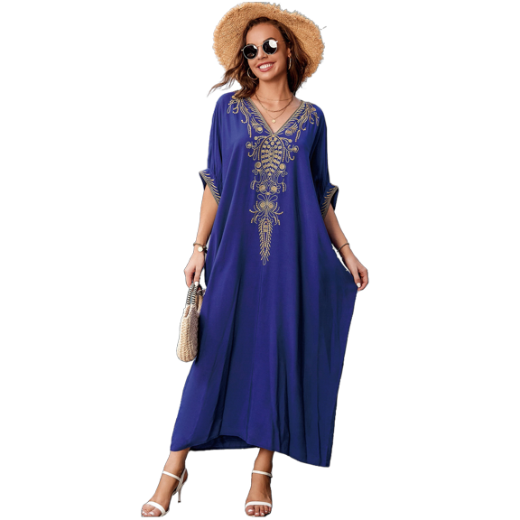 Beach Kaftan Dresses for Women Plus Size Caftan Loungewear Mexican Embroidered Dress Long Beach Tunic Summer Elegant Vacation Outfit Long Sleeve Robe