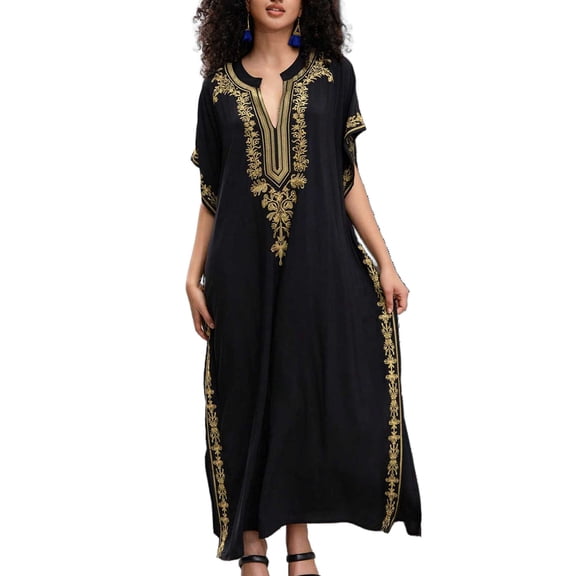 Beach Kaftan Dresses for Women Plus Size Caftan Loungewear Mexican Embroidered Dress Long Beach Tunic Summer Elegant Vacation Outfit Long Sleeve Robe