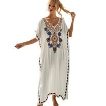 Beach Kaftan Dresses for Women Plus Size Caftan Loungewear Mexican Embroidered Dress Long Beach Tunic Summer Elegant Vacation Outfit Long Sleeve Robe