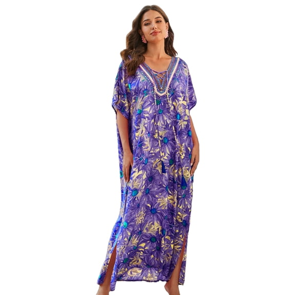 Beach Kaftan Dresses for Women Plus Size Caftan Loungewear Mexican Embroidered Dress Long Beach Tunic Summer Elegant Vacation Outfit Long Sleeve Robe