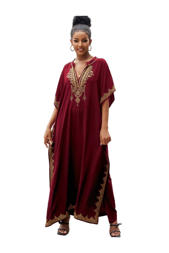 Beach Kaftan Dresses for Women Plus Size Caftan Loungewear Mexican Embroidered Dress Long Beach Tunic Summer Elegant Vacation Outfit Long Sleeve Robe