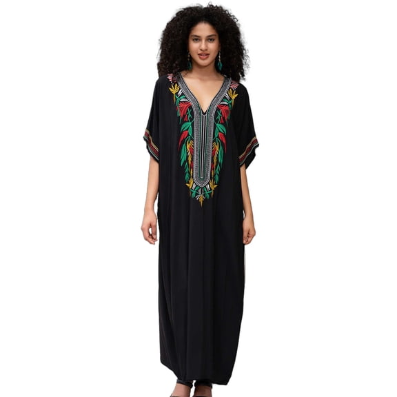 Beach Kaftan Dresses for Women Plus Size Caftan Loungewear Mexican Embroidered Dress Long Beach Tunic Summer Elegant Vacation Outfit Long Sleeve Robe