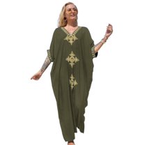 Beach Kaftan Dresses for Women Plus Size Caftan Loungewear Mexican Embroidered Dress Long Beach Tunic Summer Elegant Vacation Outfit Long Sleeve Robe