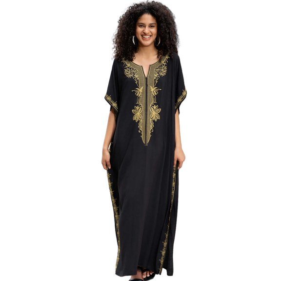 Beach Kaftan Dresses for Women Plus Size Caftan Loungewear Mexican Embroidered Dress Long Beach Tunic Summer Elegant Vacation Outfit Long Sleeve Robe