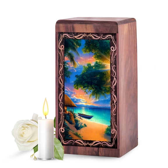 Beach Keepsake Urn for Ashes (5 Inch) – Green Forest Beach Design, Small Cremation Urn for Baby Ashes, Decorative Memorial Urn for Funeral & Home Display
