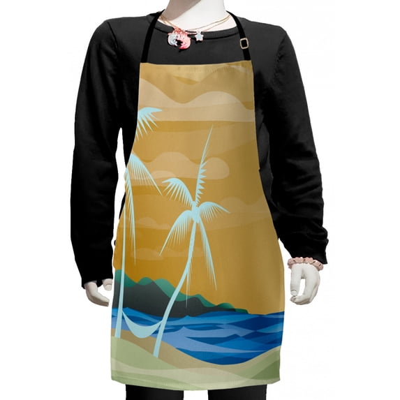 Beach Kids Apron, Illustration of Hammock in the Tropical Sandy Beach with Exotic Color Ocean Print, Boys Girls Apron Bib with Adjustable Ties for Cooking Baking Painting, Navy Cream, by Ambesonne