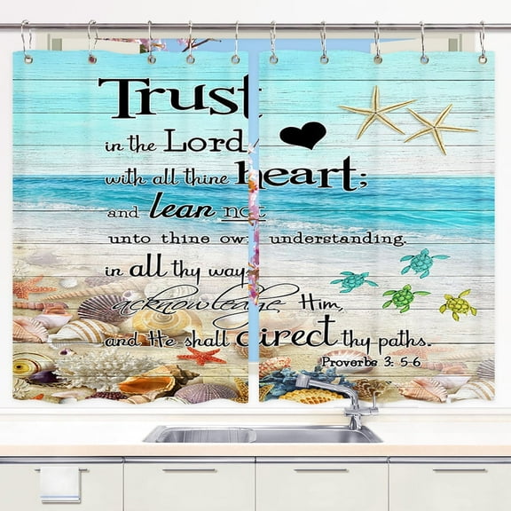 Beach Kitchen Curtains, Coastal Ocean Theme Curtains Panels, Verse Scripture Quotes Window Drapes Curtains 2 Panels, Seashell Starfish Conch Sea Turtle Window Panel Curtain with Hooks (42X45)