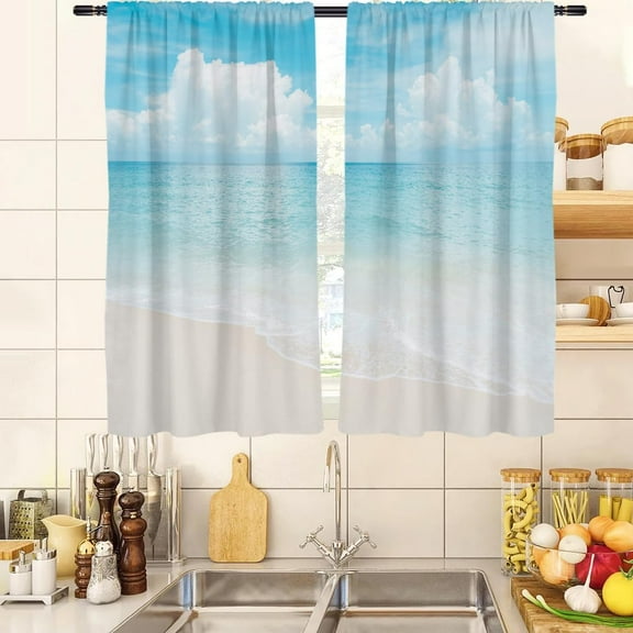 Beach Kitchen Curtains Ocean Coastal Summer Hawaii Sea Blue Sky Beachy Nautical Small Short 27.5" W x 39" L Window Treatment Tiers for Bedroom Living Room Bathroom 2 Panels Rod Pocket Drapes