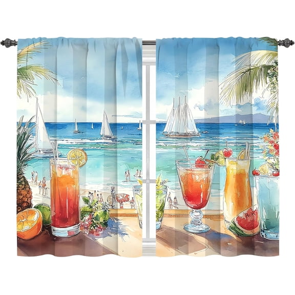 Beach Kitchen Curtains Short Rod Pocket Drapes Tiers Window Curtains for Basement Bathroom 2 Panels 28x36in
