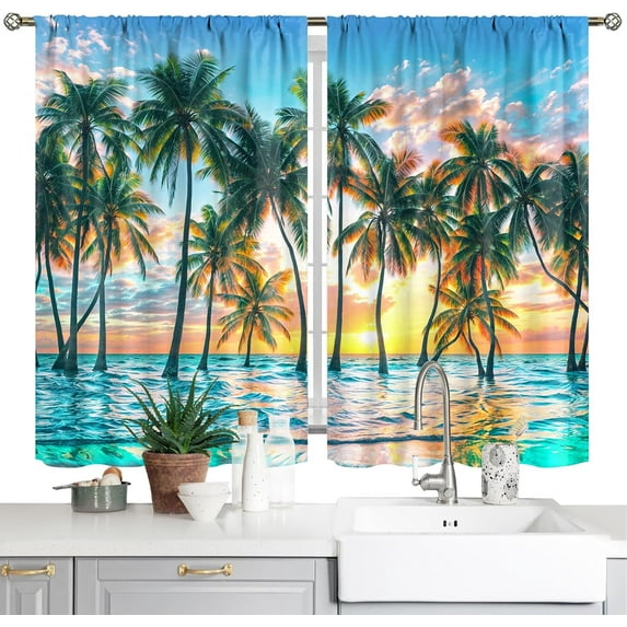Beach Kitchen Curtains Summer Tropical Coastal Hawaiian Palm Trees Kitchen Window Curtains Small Window Treatment Short Curtains for Bathroom Laundry Tier Drapes 27.5x36 Inch