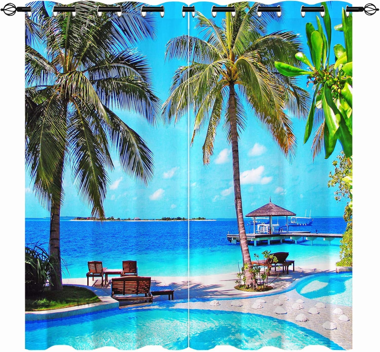 Hawainn Pattern Window Beach Kitchen Curtains, Tropical Coastal Hawaiian Palm Trees Summer ...