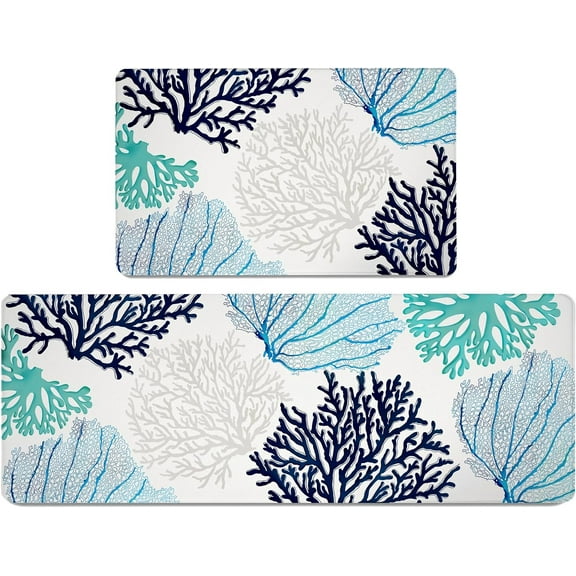 Beach Kitchen Floor pvc Mat Rugs Set 2 Pcs Anti Fatigue Mats Ocean Themed Coral Non-Slip Comfort Standing Cushioned for Kitchen, Home, Laundry (17.3" x28" + 17.3" x 47" 2/5 Inch Thick, Blue/Teal)