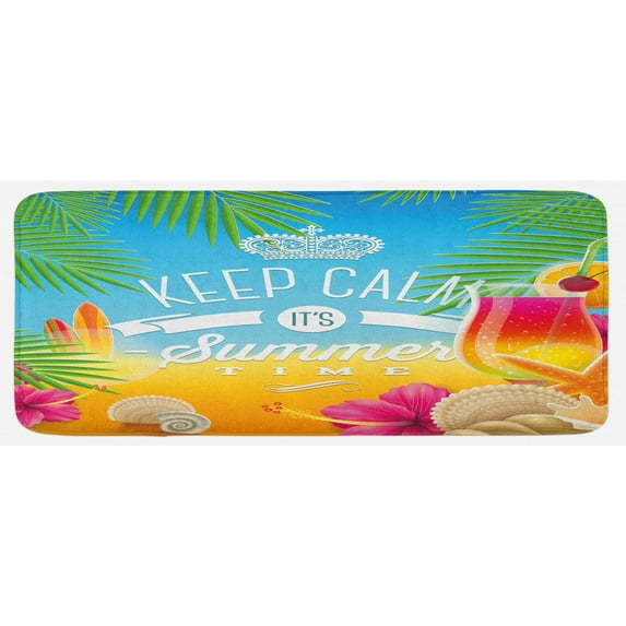 Beach Kitchen Mat, Its Summer Time Colorful Tropic Arrangement Surfing Holiday Exotic Palm Tree Pattern, Plush Decorative Kitchen Mat with Non Slip Backing, 47" X 19", Multicolor, by Ambesonne
