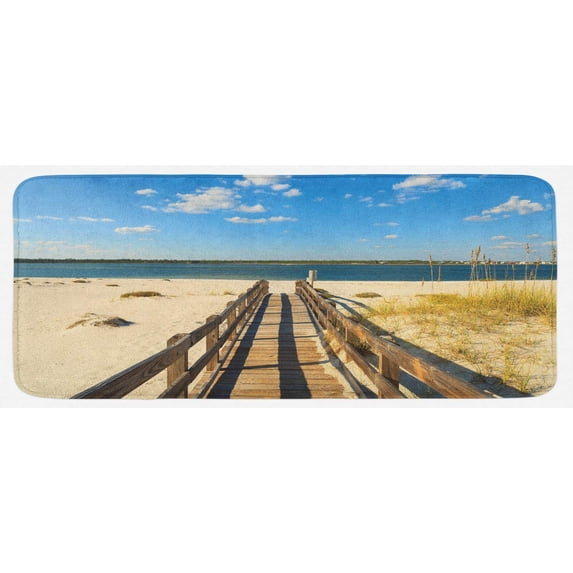 Beach Kitchen Mat, Perdido Beach and Long Pier Deck Over Sand Gulf of Mexico South America Resort Theme, Plush Decorative Kitchen Mat with Non Slip Backing, 47" X 19", Cream Blue