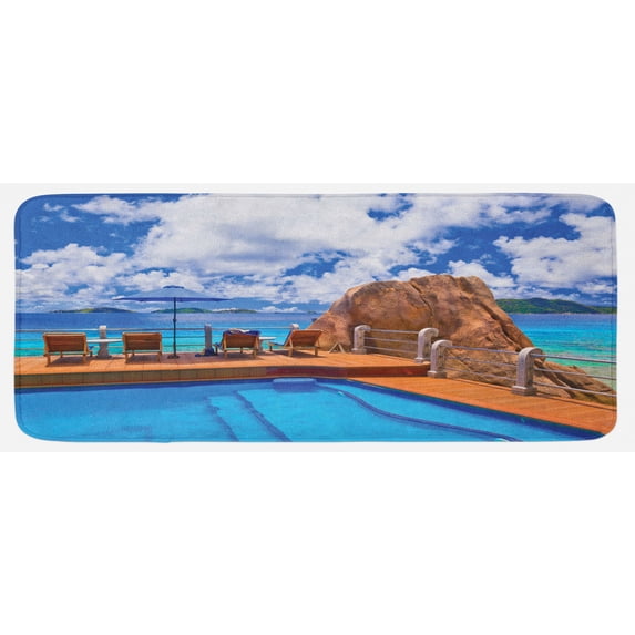 Beach Kitchen Mat, Relaxation Journey Vacation Holiday Resort Rock and Ocean Picture Print, Plush Decorative Kitchen Mat with Non Slip Backing, 47" X 19", Pale Brown Blue White, by Ambesonne