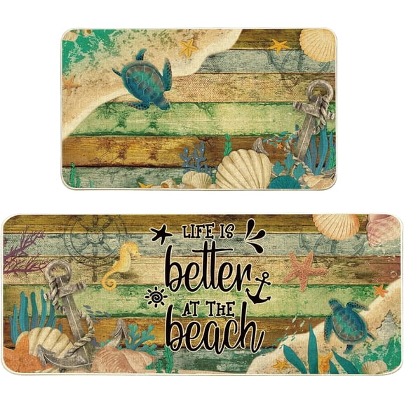 Beach Kitchen Mats Set of 2, Nautical Kitchen Decor Rugs, Blue Anchor Ocean Nautical Decorations for Home 17"x27+17"x47"