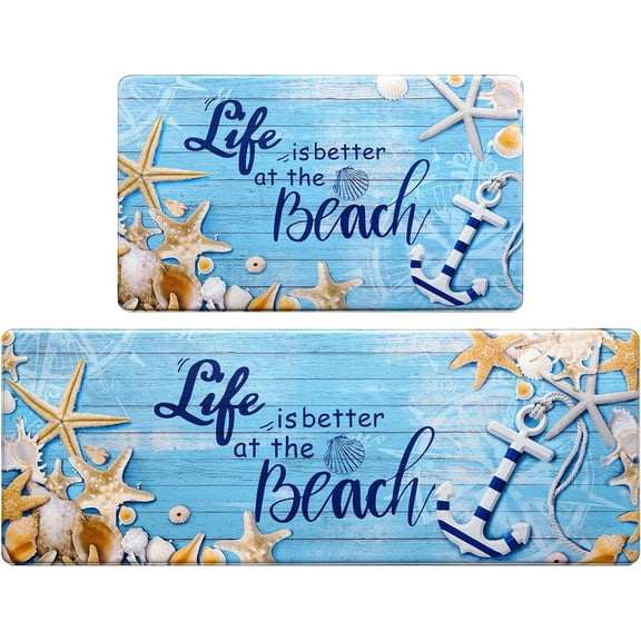 Beach Kitchen Rugs Set 2 Piece Coastal Kitchen Mat Anti Fatigue Cushioned, Non-Slip Waterproof Kitchen Mats for Floor Ocean Comfort Standing Mat for Kitchen Home, 18'''' x 48'''' and 18'''' x 30''''