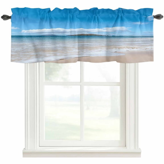 Beach Kitchen Valances for Windows, Summer Ocean Blue Sky Sand Waves Modern Style Bathroom Window Valances 54x18 Inch Rod Pocket Window Treatments Valance Curtains for Living Room Bedroom Decor