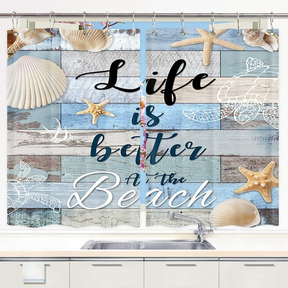 Beach Kitchen Window Curtains, Beach Theme Starfish Seashell Sea Turtle Curtains Panels, Rustic Vintage Wood Ocean Quote Words Kitchen Window Drapes, Window Treatment Sets with Hooks, 55X39Inches