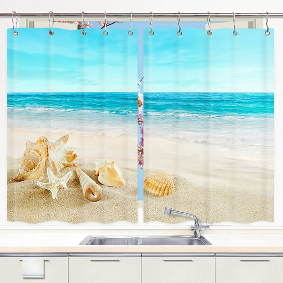 Beach Kitchen Window Curtains, Tropical Sea Waves Seashell Curtains Panels, Nautical Hawaiian Seaside Scene Ocean Starfish Kitchen Window Drapes, Window Treatment Sets with Hooks 42X45Inches