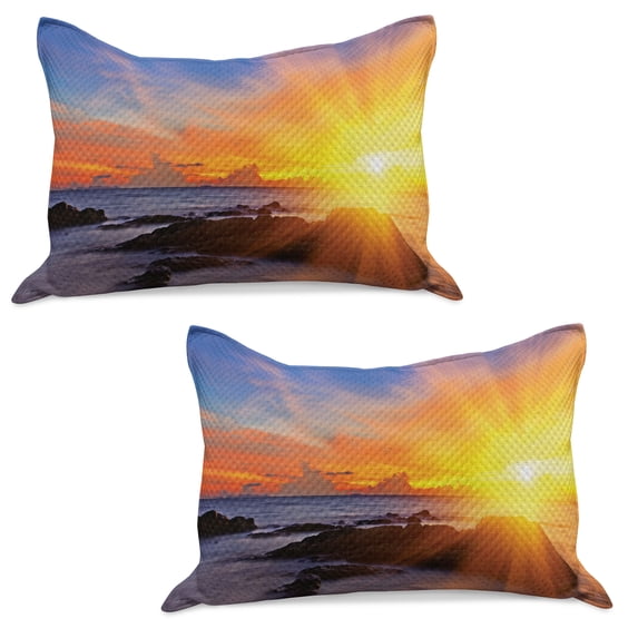 Beach Knitted Quilt Pillowcover Set of 2, Colorful Sunset Romance in the Sky at Tropic Fantasy Landscape Print, Standard Queen Pillow Sham Bedroom, 30" x 20", Orange Blue, by Ambesonne