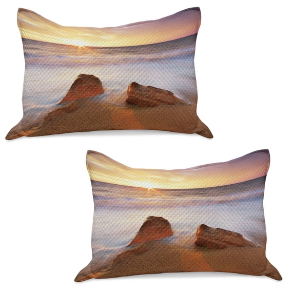 Beach Knitted Quilt Pillowcover Set of 2, Fantasy Seascape in Exotic Hawaiian Water Sea Sky Peace Relax Theme in Nature Print, Standard Queen Pillow Sham Bedroom, 30" x 20", Cream White, by Ambesonne