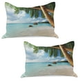 thumbnail image 1 of Beach Knitted Quilt Pillowcover Set of 2, Green Palm Trees Clear Blue Water Sandy Exotic Seashore Rocks and Hills in Distance, Standard Queen Pillow Sham Bedroom, 30" x 20", Multicolor, by Ambesonne, 1 of 1