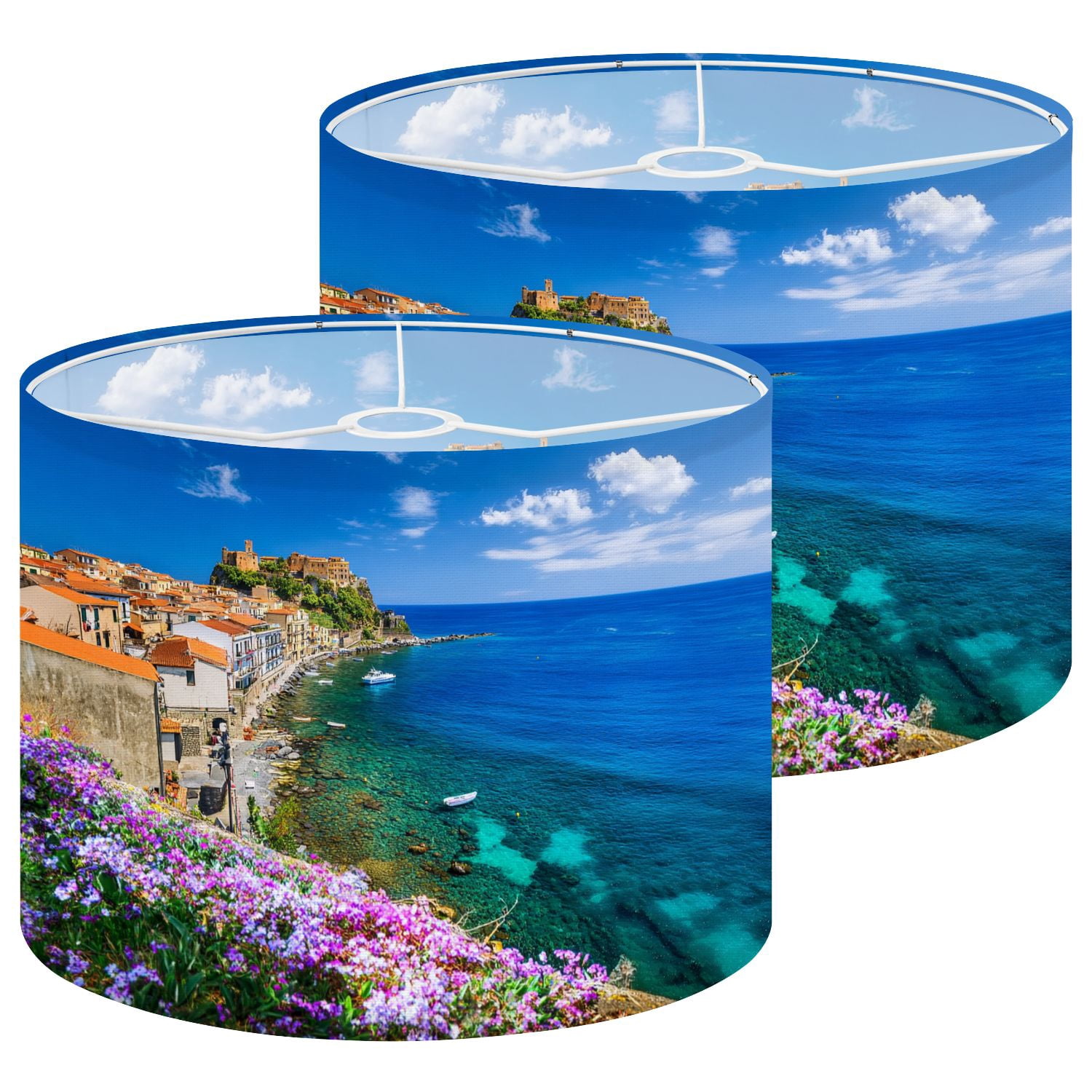 Beach Lampshades 2 Pack Beautiful coastal town Scilla Calabria Italy 13"x13"x10" Light Shade for Table Lamps Floor Lamps Drum Lamp Shades Lampshade Replacement Easy Assembly