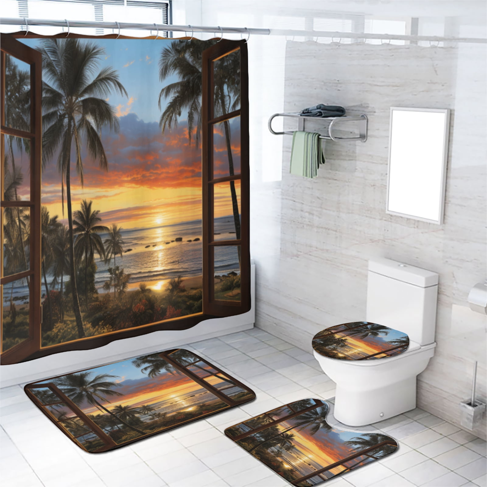 Beach Landscape 4 Piece Shower Curtain Sets Sea Palm Trees Sundet Natural Scenery Rustic with Non-Slip Rugs Toilet Lid Cover and Bath Mat Bathroom Decor Set, 72x72 Inch
