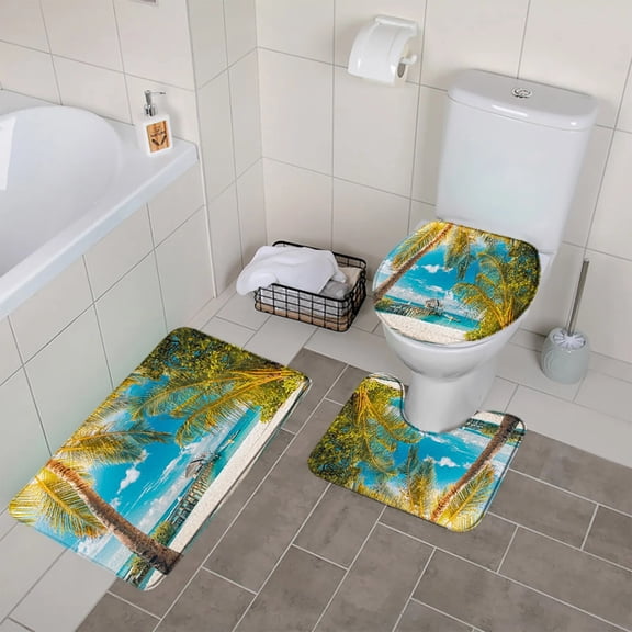 Beach Landscape Bath Mat Set Tropical Palm Trees Ocean Scenery Bath Decor Non Slip Floor Rug Carpet Bathroom Accessories Sets