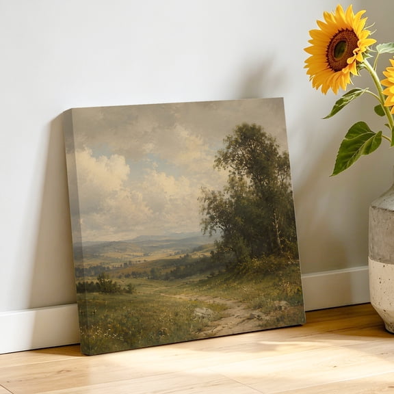 Beach Landscape Canvas Wall Art, Country Vintage Sky Cloud Green Tree Flowers Pictures Wall Decor Wooden Framed Artwork Art Prints for Living Room Hallway Bedroom Office 8"x8"