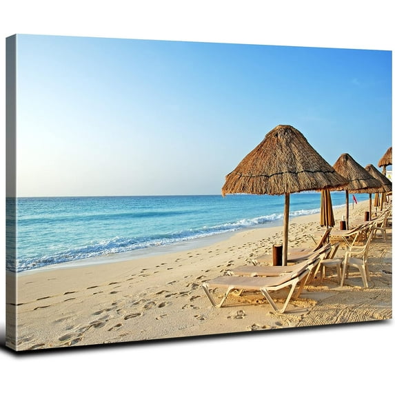 Beach Landscape Canvas Wall Art for Living Room Nature Scenery Prints Pictures Beach Chair on Sand Realism Scenic Photographic Coastal Beach Painting Bedroom Wall Decor Office Home Decorations 12x16"