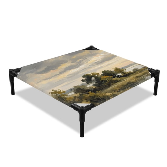 Beach Landscape Elevated Dog Bed, Country Vintage Coastal Sailing Boat Sky Green Tree Cooling Breathable Outdoor Raised Dog Cot Bed with Metal Frame Non-Slip Feet for Small Dog 20x20in