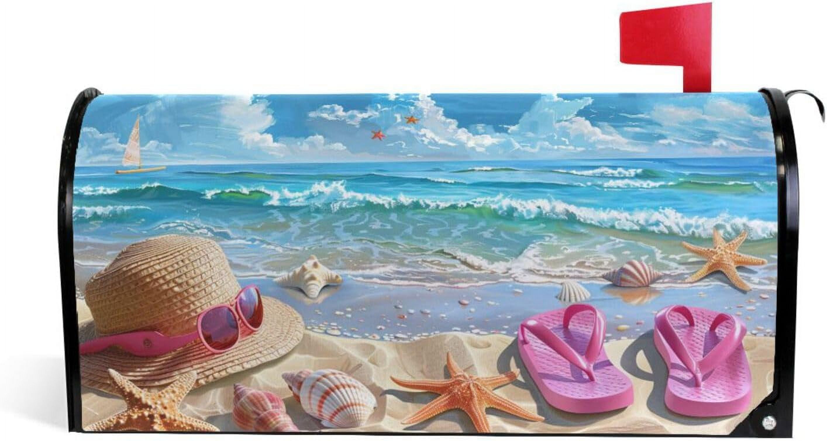 Beach Landscape Flip Flops Seashell Starfish Magnetic Mailbox Cover Summer MailWraps Garden Yard Home Decor for Outside Oversized-25.5" x20.8"\u2026