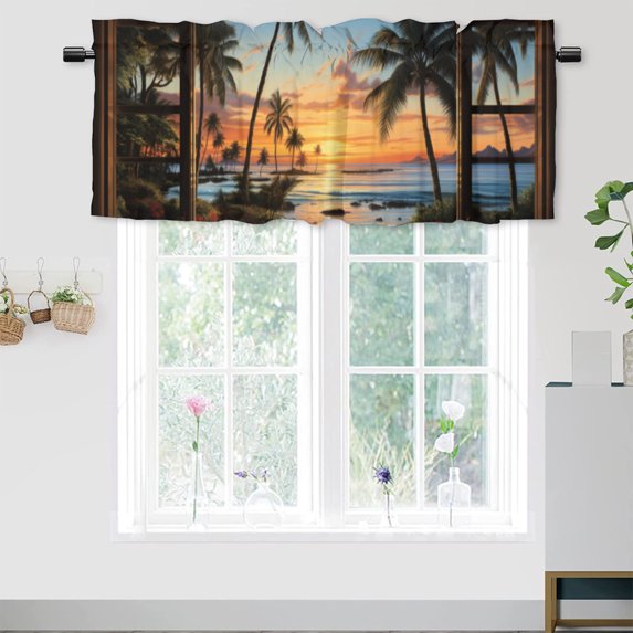 Beach Landscape Printed Window Curtains Valances Sea Palm Trees Sundet Natural Scenery Rustic Window Valance for Living Room Bedroom, Kitchen Valance Rod Pocket Window Curtain 54 by 18 in, 1 Panel