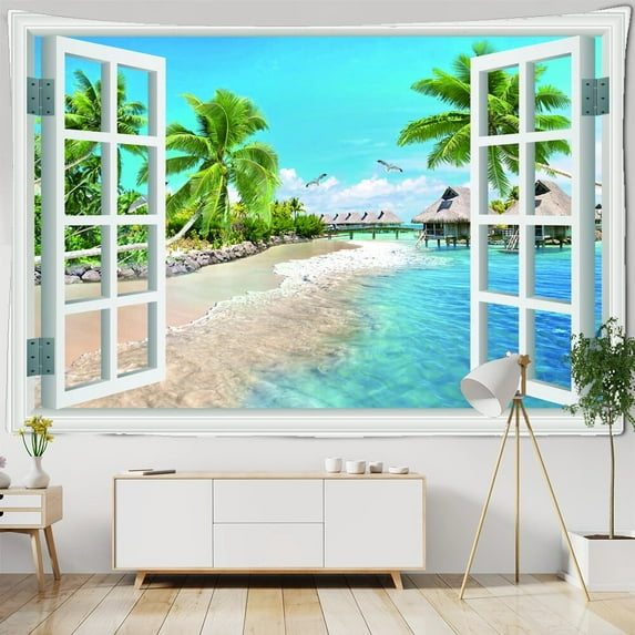 Beach Landscape Window Painting Tapestry Wall Hanging Hippie Tapiz Psychedelic Sea Seaside