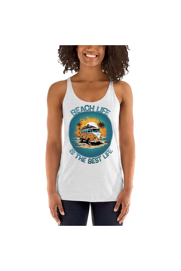 Beach Life Is The Best Life Racerback Tank Top (Heather White, L)
