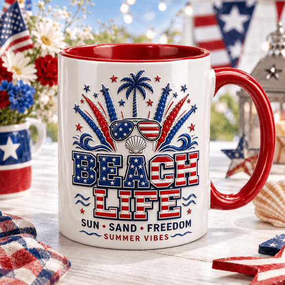 Beach Life Mug Patriotic Summer Coffee Cup Gift for 4th of July Beach Lovers